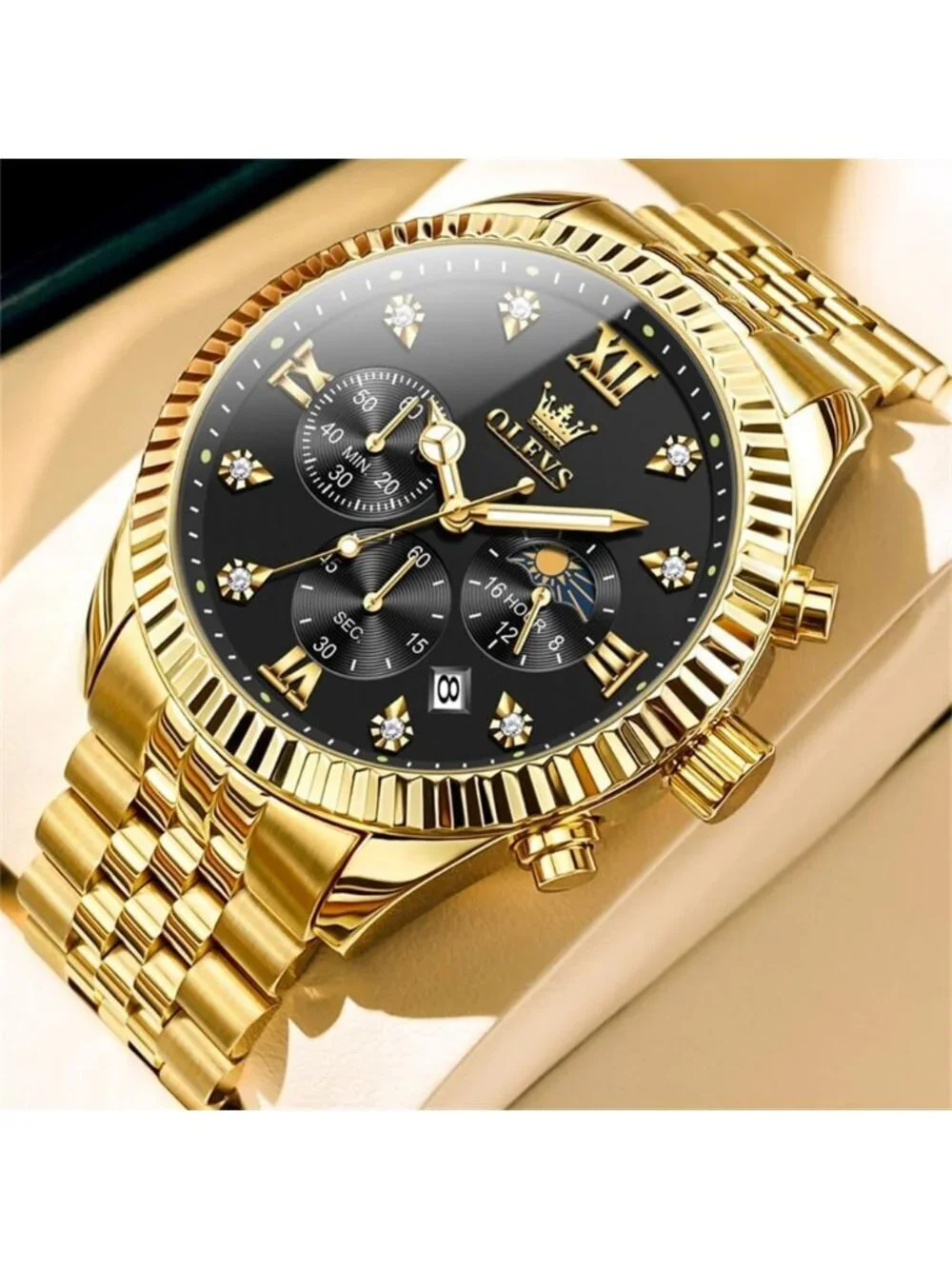 Men's Black Gold Diamond Stainless Steel Waterproof Roman Numbers Classic Watch